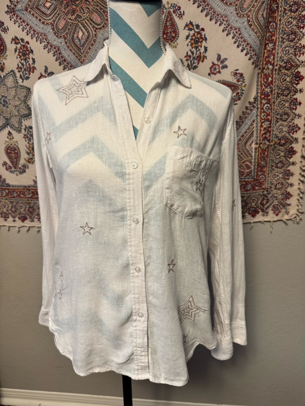 Rails White Gold Star-Embroidered Button-Down Shirt